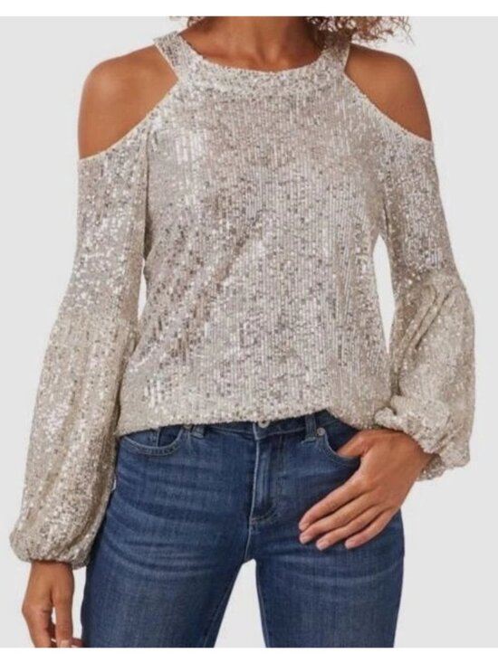CeCe Tops - CeCe Sequin Cold Shoulder Blouse Top Silver Women's Size Small new with Tag
